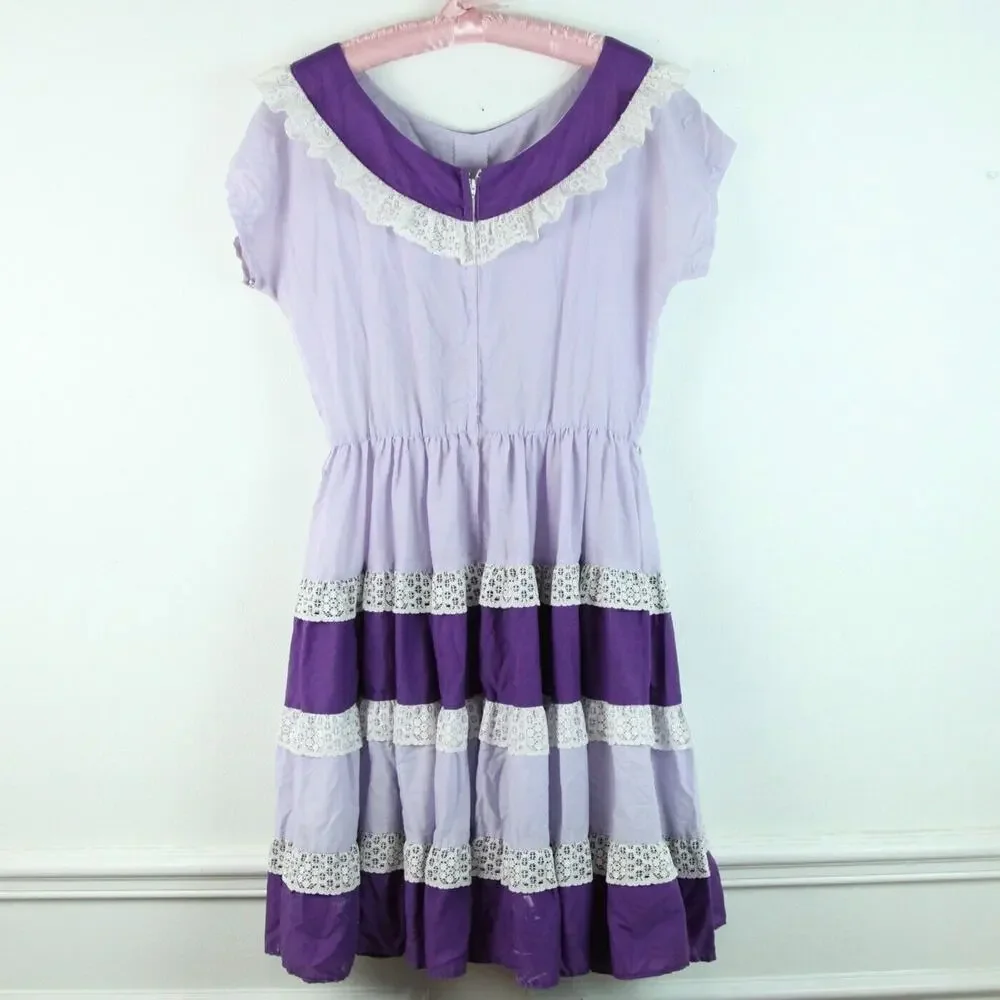 FLAW Vintage Handmade Square Dance Dress Purple Ruffle Cottagecore M Cupcake - Picture 11 of 15